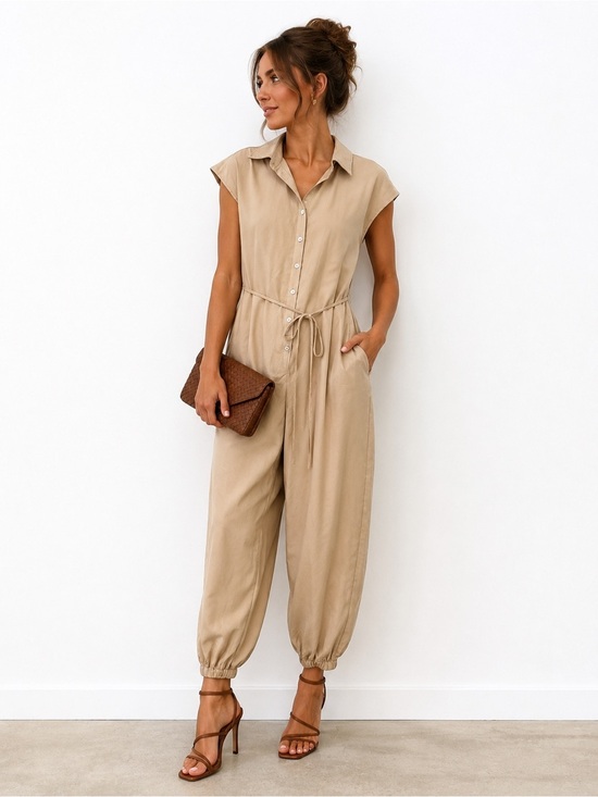 Pants - Sleeveless Beige Utility Jumpsuit with Drawstring Waist